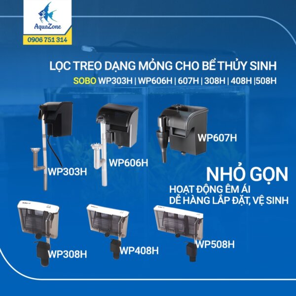 Máy lọc treo dạng mỏng cho bể thủy sinh Sobo WP nhỏ gọn, êm ái, dễ lắp đặt